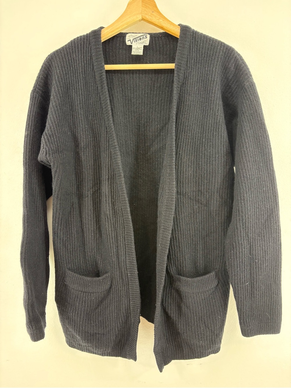 Vintage Visions Black Open-Front Ribbed Women's Cardigan Sweater Lambswool L
